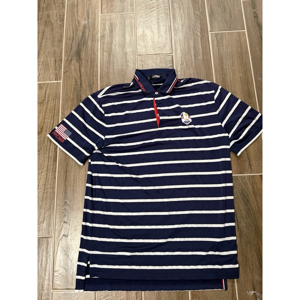 Ralph Lauren RLX Polo Shirt Mens Size M Navy White Striped 2018 Ryder Cup USA